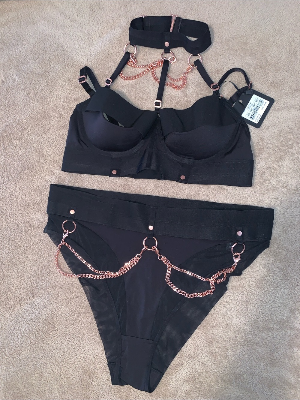 Honey Birdette Miss K Black Lingerie Set with Rose Gold Chains